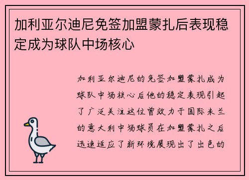 加利亚尔迪尼免签加盟蒙扎后表现稳定成为球队中场核心